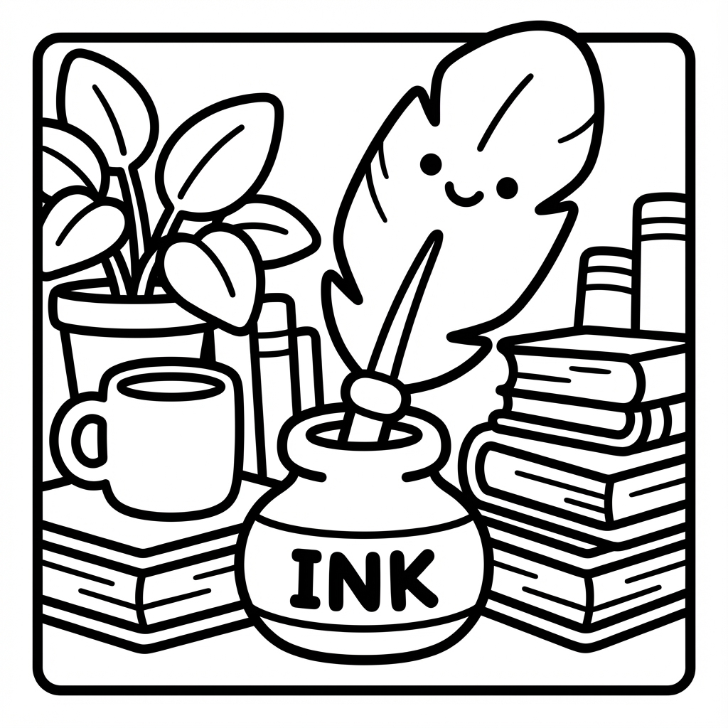 Cute ink pot and quill surrounded by books, a perfect bold line coloring pages design.